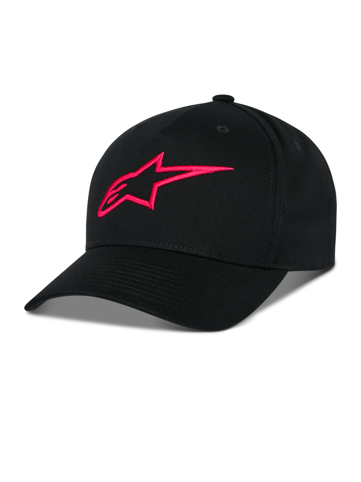 Alpinestars Ageless Snapback Kappe, Schwarz mit rotem 3D-gesticktem A-Star-Logo, strukturierte Krone mit gebogenem Schirm, Baumwoll-Twill-Gewebe, lässiges Sportbekleidungs-Accessoire
