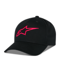 Alpinestars Ageless Snapback Hat, Black with Red 3D embroidered A-star logo, structured crown with curved bill, cotton twill fabric, casual sportswear accessory