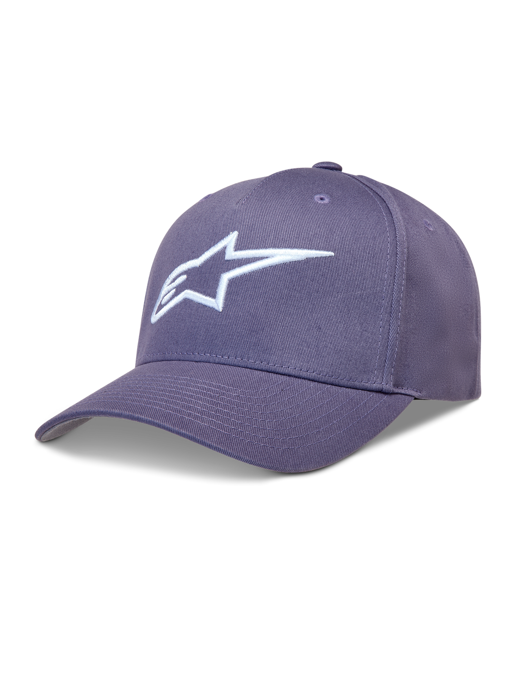 Alpinestars Ageless Snapback Kappe, Lila und Weiß, gebogener Schirm, Twill-Gewebe mit 3D-Stickerei des Astars-Logos.
