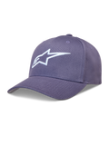 Alpinestars Ageless Snapback Kappe, Lila und Weiß, gebogener Schirm, Twill-Gewebe mit 3D-Stickerei des Astars-Logos.