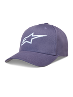 Alpinestars Ageless Snapback Kappe, Lila und Weiß, gebogener Schirm, Twill-Gewebe mit 3D-Stickerei des Astars-Logos.
