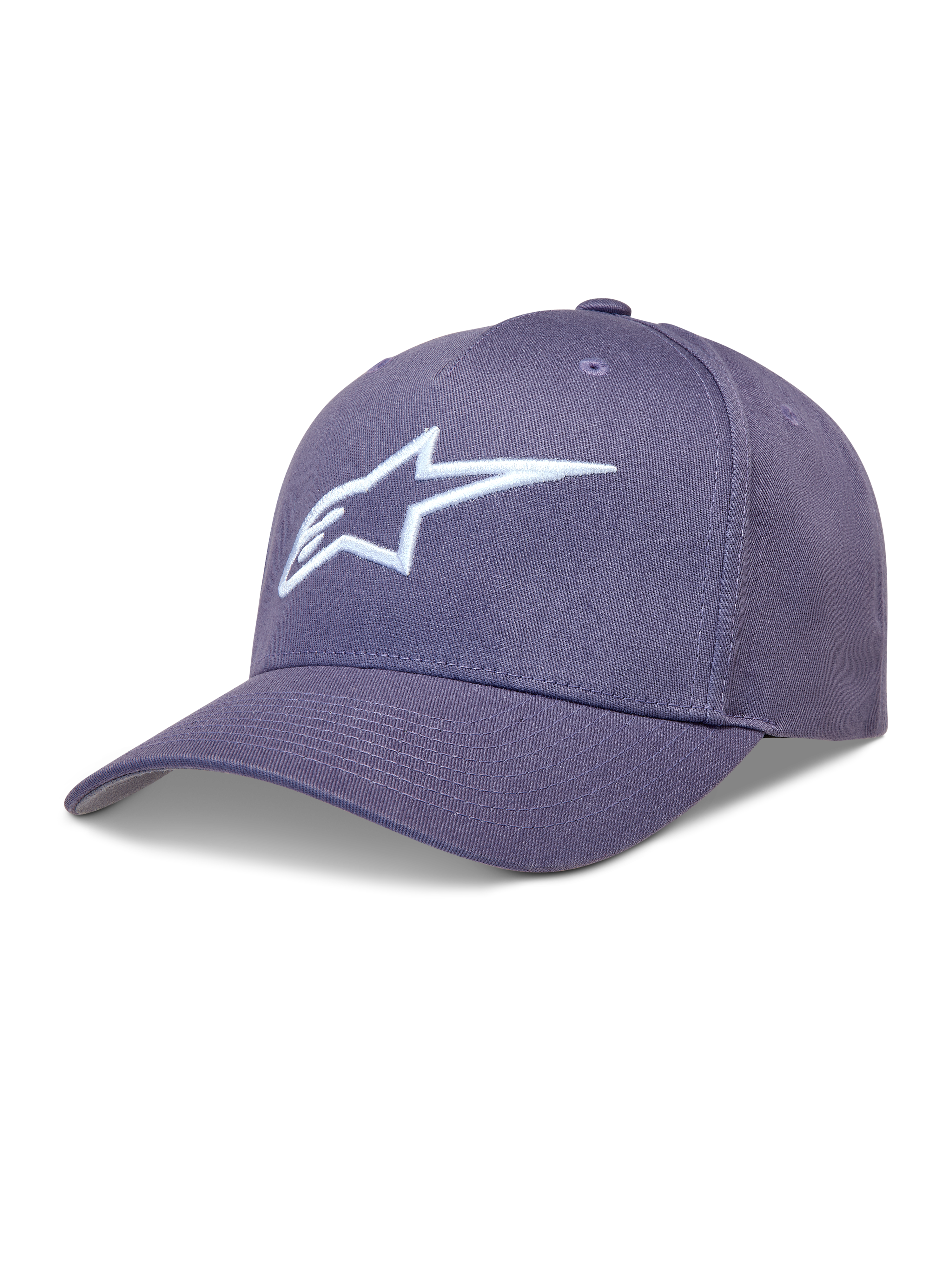 Alpinestars Ageless Snapback Kappe, Lila und Weiß, gebogener Schirm, Twill-Gewebe mit 3D-Stickerei des Astars-Logos.