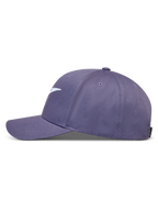 Alpinestars Ageless Snapback Kappe, Lila, Twill-Gewebe, gebogener Schirm und strukturierte Krone, seitliche Profilansicht.