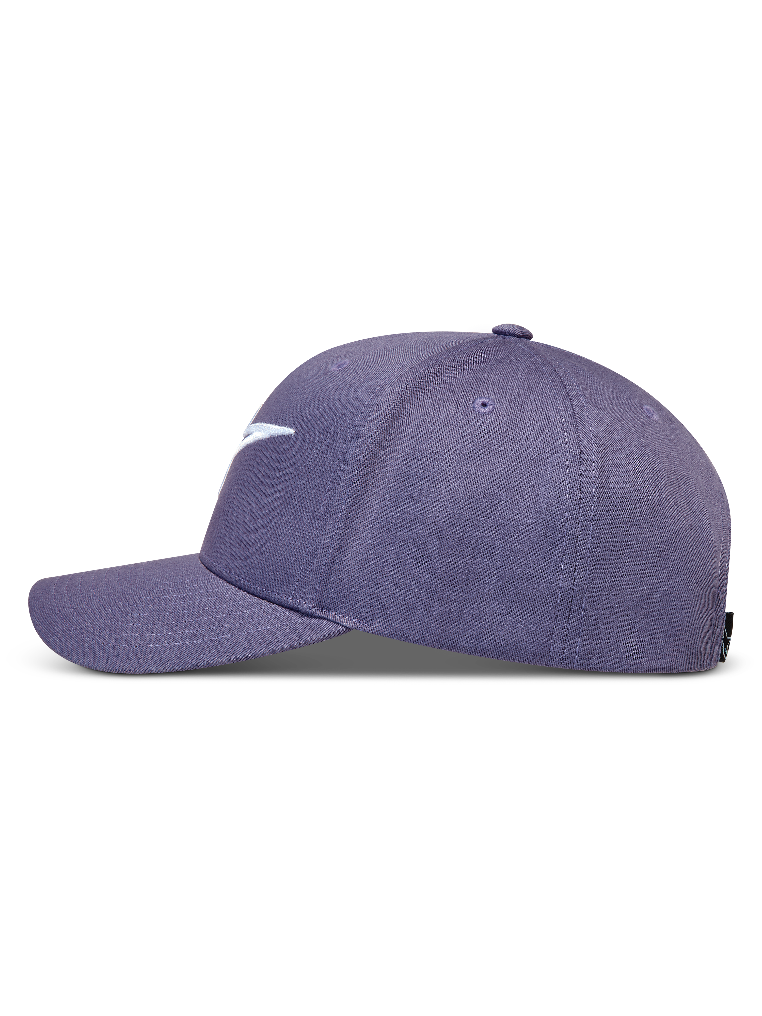 Alpinestars Ageless Snapback Kappe, Lila, Twill-Gewebe, gebogener Schirm und strukturierte Krone, seitliche Profilansicht.