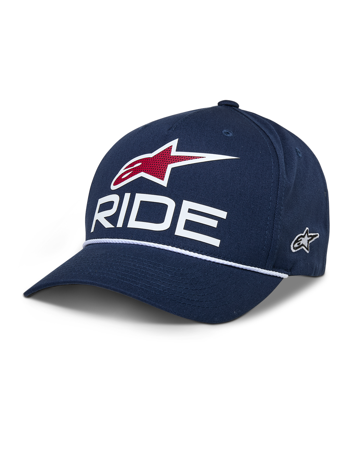 Alpinestars Ride Comp Snapback Hat, dunkelblaue Baseball-Kappe, weißes RIDE- und rotes Stern-Logo, gebogener Schirm mit weißer geflochtener Kordel, lässige Motorsport-Kopfbedeckung