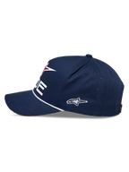 Alpinestars Ride Comp Snapback Hat, Navy White and Red, side view, structured crown with curved bill, white braided rope trim, embroidered side logo, casual motorsport headwear