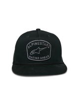 Alpinestars Promptus Snapback Mütze, Schwarz, flacher Schirm mit strukturierter Krone, bestickter Patch auf der Vorderseite mit Alpinestars Racing Ahead und Astars-Logo, geflochtenes Kordel-Detail, lässige Motorsport-Streetwear