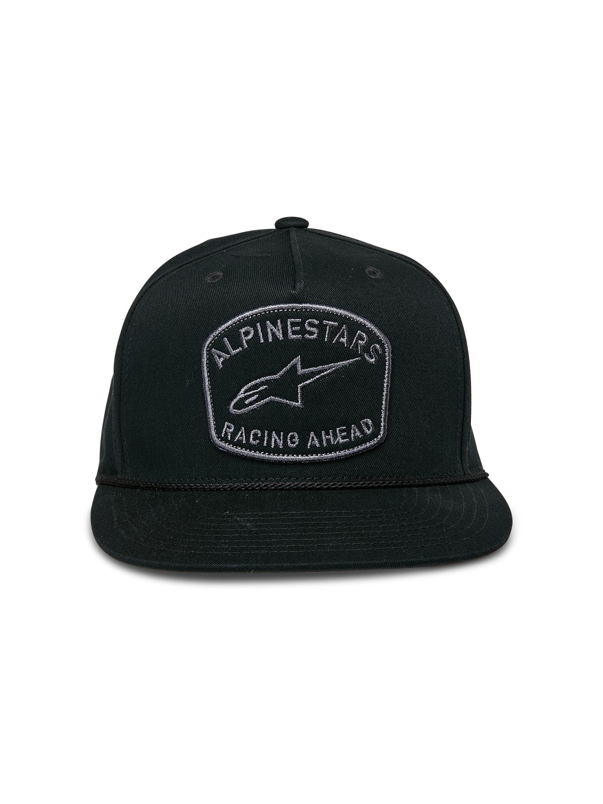 Alpinestars Promptus Snapback Mütze, Schwarz, flacher Schirm mit strukturierter Krone, bestickter Patch auf der Vorderseite mit Alpinestars Racing Ahead und Astars-Logo, geflochtenes Kordel-Detail, lässige Motorsport-Streetwear
