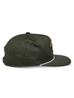 Alpinestars Promptus Snapback Hat, Military Green, side profile view showing the flat bill and structured crown, white braided rope detail at the base of the crown, durable cotton twill fabric, casual sportswear design