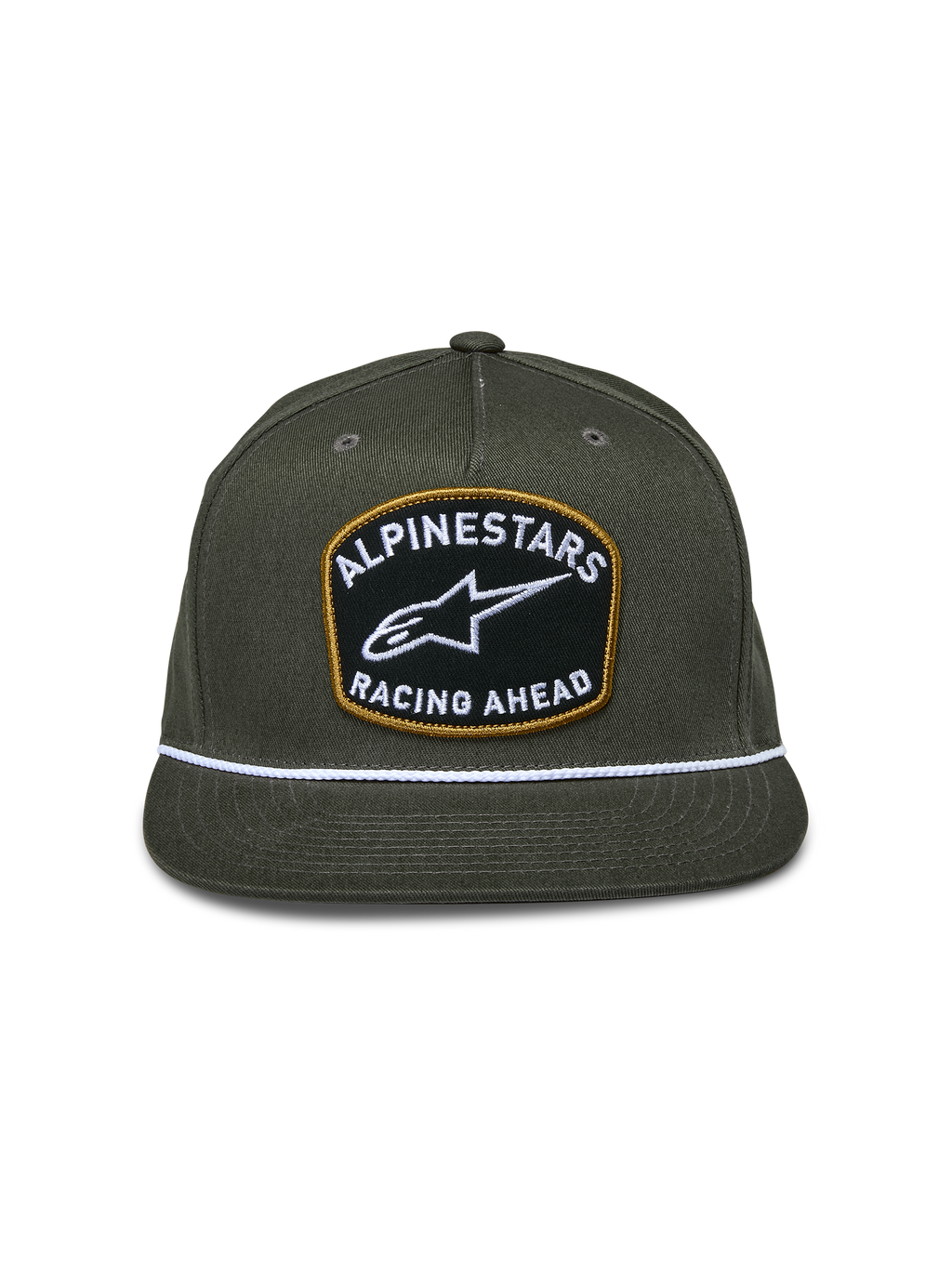 Alpinestars Promptus Snapback Hat, Military Green, structured crown with flat bill, large front patch with white 'Alpinestars Racing Ahead' embroidery and gold border, white braided rope detail, casual motorsport headwear