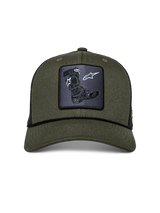 Alpinestars Booted Trucker Hat, Military Green and Black, featuring a front Tech Boot woven patch, curved bill with black braided rope trim, structured cotton twill front and breathable mesh back, casual motorsport headwear