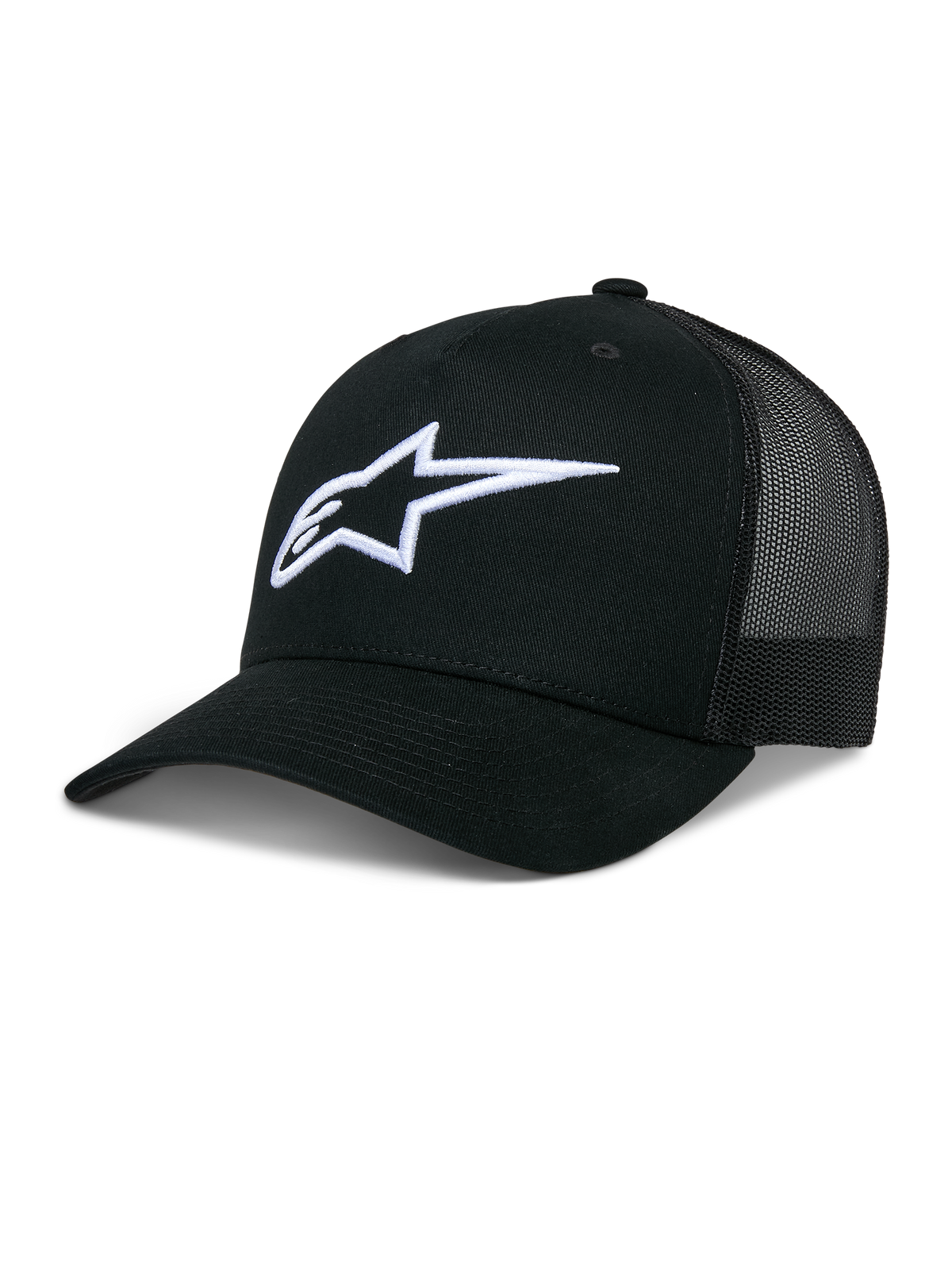 Alpinestars Ageless Trucker Hat, Black mesh-back baseball cap, White 3D embroidered Astars logo, Structured crown and curved brim, Casual lifestyle headwear