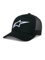 Alpinestars Ageless Trucker Hat, Schwarze Baseball-Kappe mit Mesh-Rückseite, Weißes 3D-gesticktes Astars-Logo, Strukturierte Krone und gebogener Schirm, Lässige Lifestyle-Kopfbedeckung