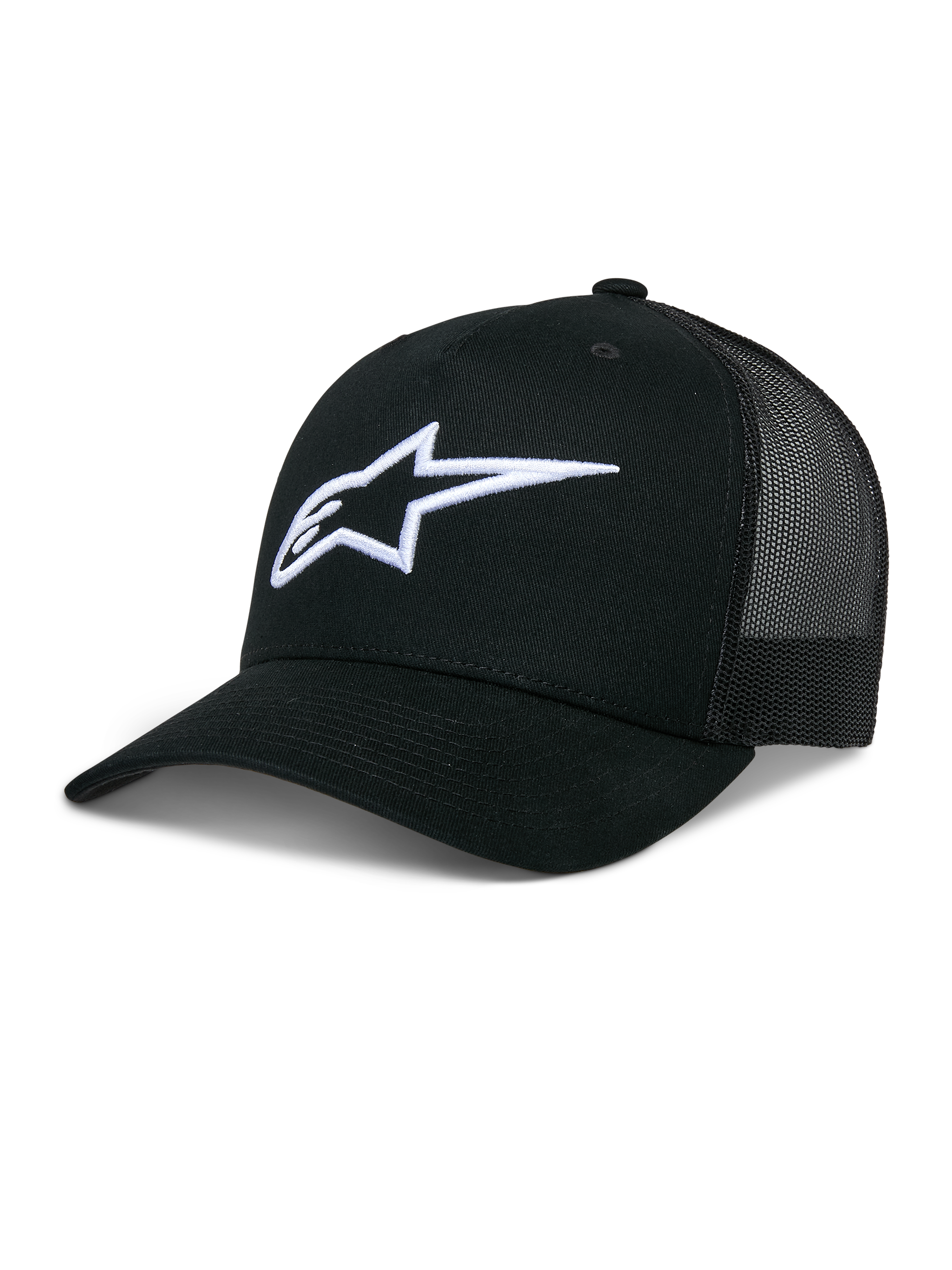 Alpinestars Ageless Trucker Hat, Schwarze Baseball-Kappe mit Mesh-Rückseite, Weißes 3D-gesticktes Astars-Logo, Strukturierte Krone und gebogener Schirm, Lässige Lifestyle-Kopfbedeckung