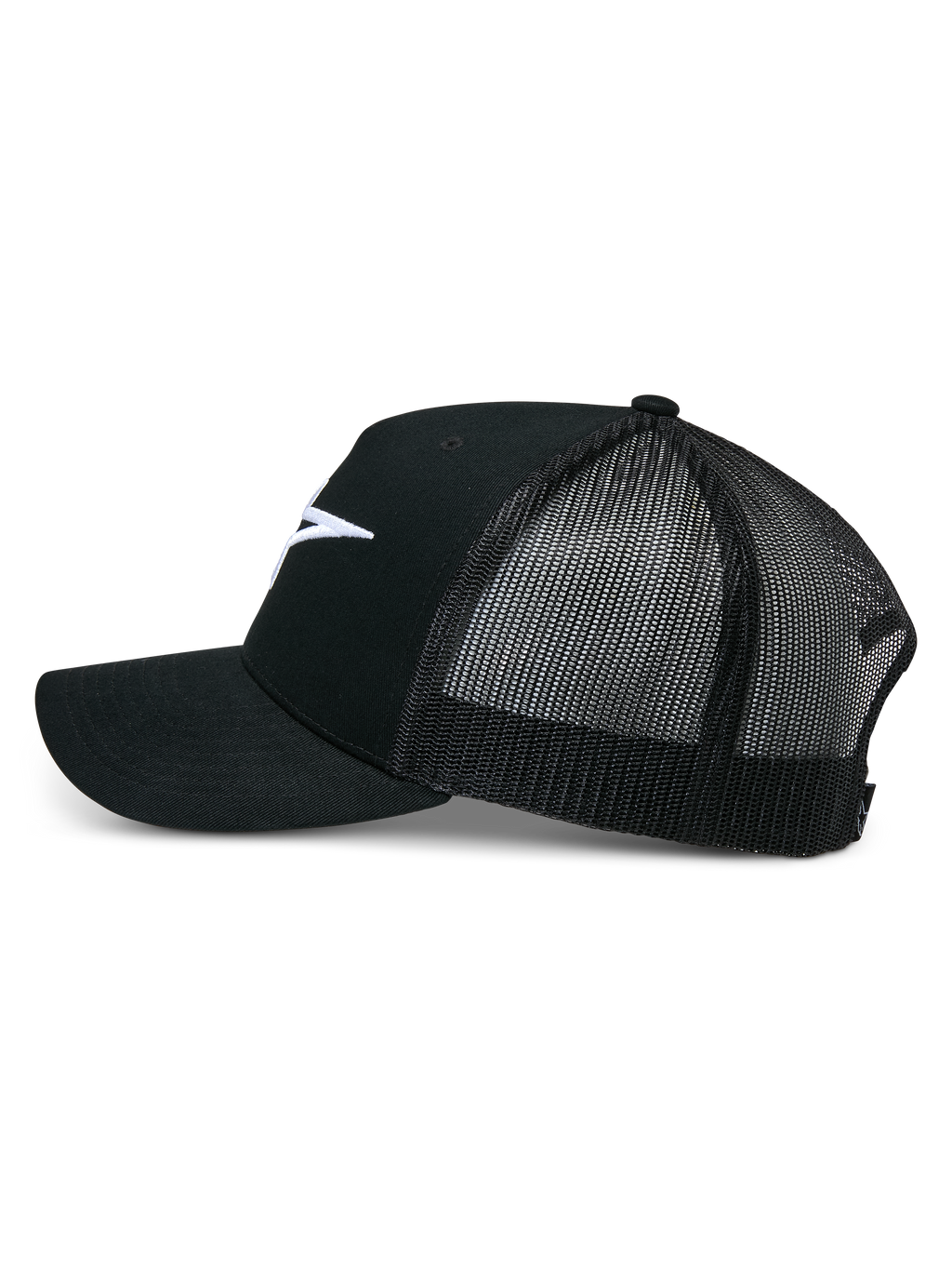 Alpinestars Ageless Trucker-Mütze, Schwarz, Seitenansicht, strukturierte Vorderseite aus Baumwolltwill mit weiß aufgesticktem Astars-Logo, atmungsaktive Rückseite aus schwarzem Mesh, gebogener Schirm, lässige Motorsport-Kopfbedeckung