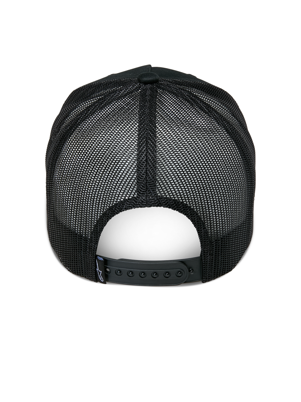 Alpinestars Ageless Trucker-Mütze, Schwarz, Rückansicht, mit schwarzen Mesh-Einsätzen hinten, verstellbarem Snapback-Verschluss und kleinem Astars-Logo-Label auf der Rückseite, lässige, vom Motorsport inspirierte Kopfbedeckung