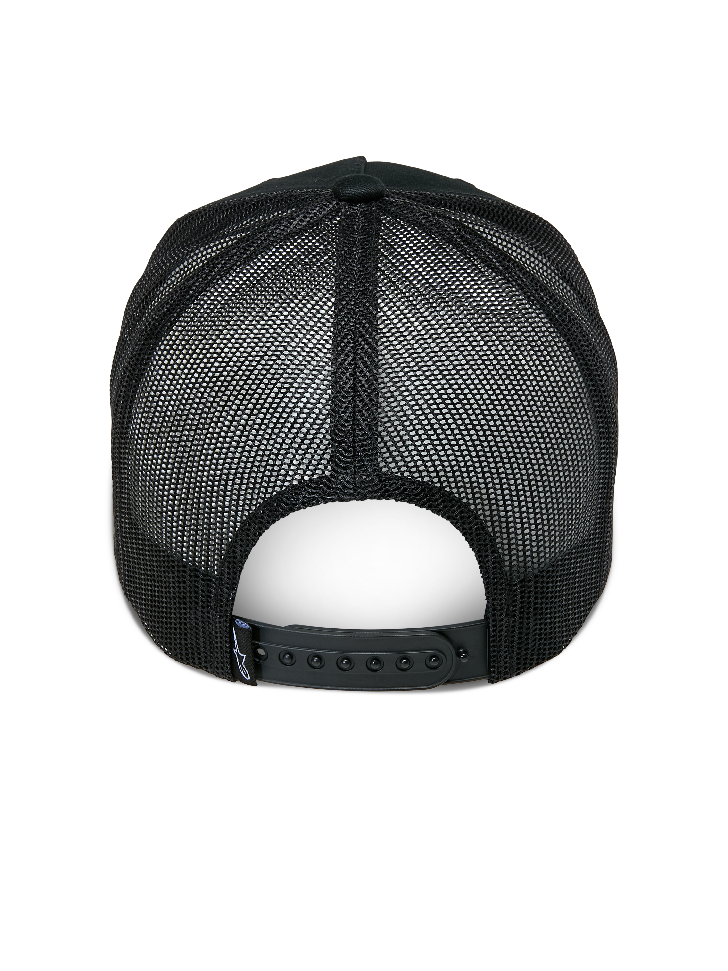Alpinestars Ageless Trucker-Mütze, Schwarz, Rückansicht, mit schwarzen Mesh-Einsätzen hinten, verstellbarem Snapback-Verschluss und kleinem Astars-Logo-Label auf der Rückseite, lässige, vom Motorsport inspirierte Kopfbedeckung
