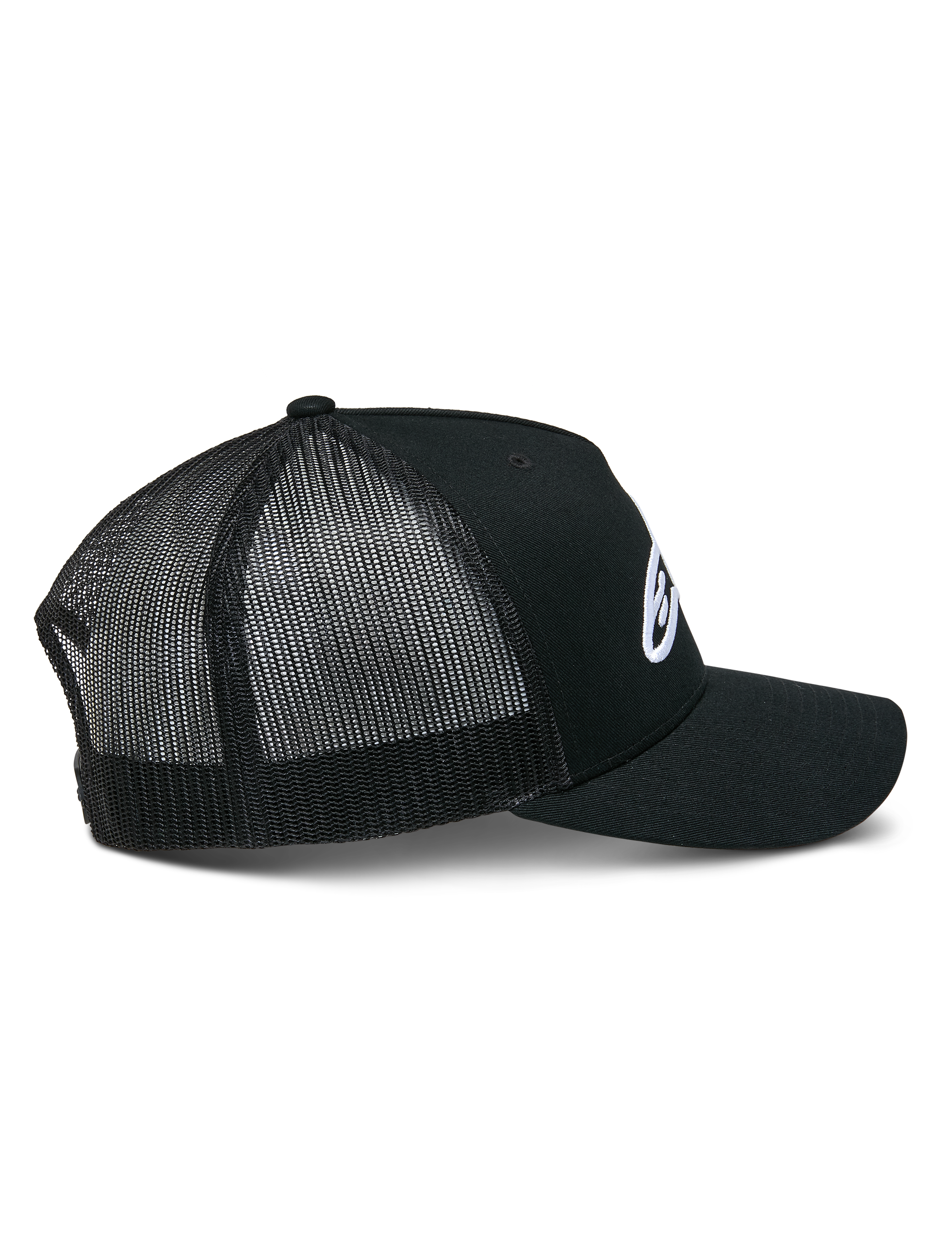 Alpinestars Ageless Trucker-Mütze, Schwarz, Seitenansicht mit strukturierter Krone und weißem bestickten Astars-Logo, gebogener Schirm und atmungsaktive schwarze Poly-Mesh-Einsätze an der Rückseite.