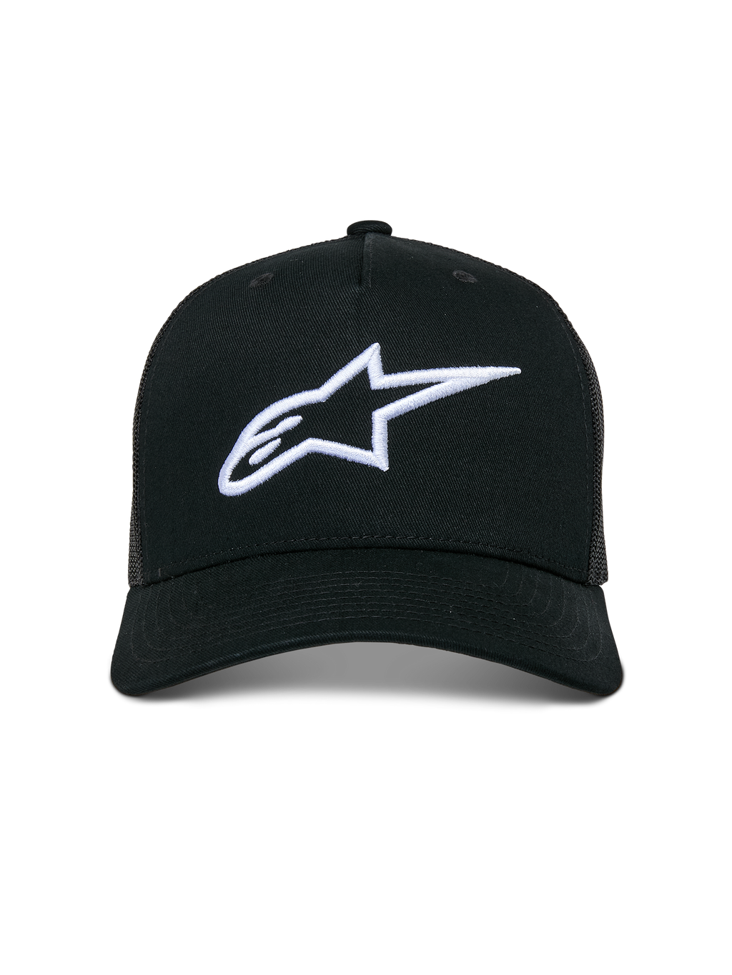 Alpinestars Ageless Trucker Hat, lässige Trucker-Kappe, Schwarz mit weißem 3D-besticktem Astars-Logo, mit gebogenem Schirm und Mesh-Einsätzen hinten, Motorsport-inspirierte Streetwear