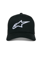 Alpinestars Ageless Trucker Hat, lässige Trucker-Kappe, Schwarz mit weißem 3D-besticktem Astars-Logo, mit gebogenem Schirm und Mesh-Einsätzen hinten, Motorsport-inspirierte Streetwear