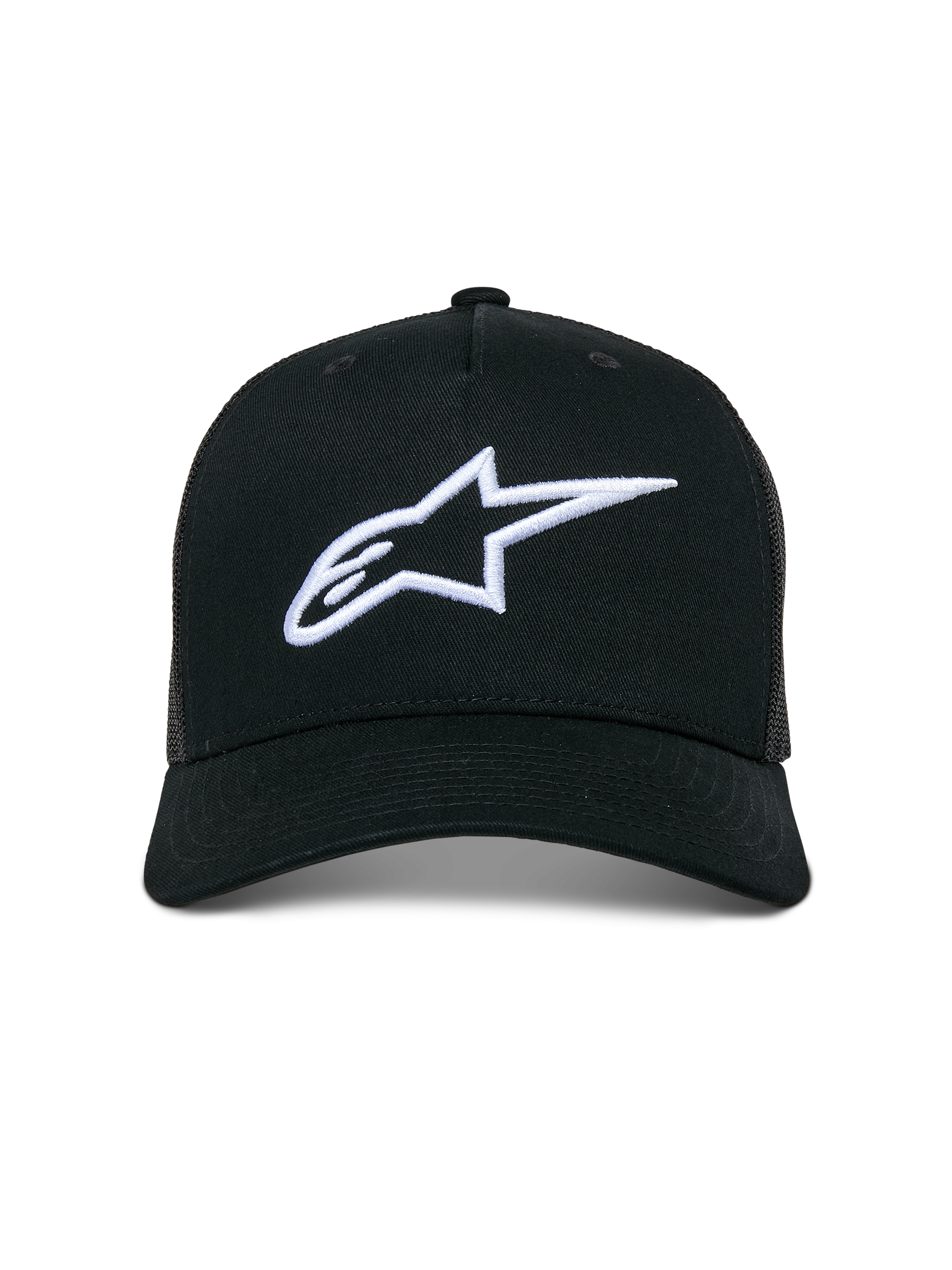 Alpinestars Ageless Trucker Hat, lässige Trucker-Kappe, Schwarz mit weißem 3D-besticktem Astars-Logo, mit gebogenem Schirm und Mesh-Einsätzen hinten, Motorsport-inspirierte Streetwear