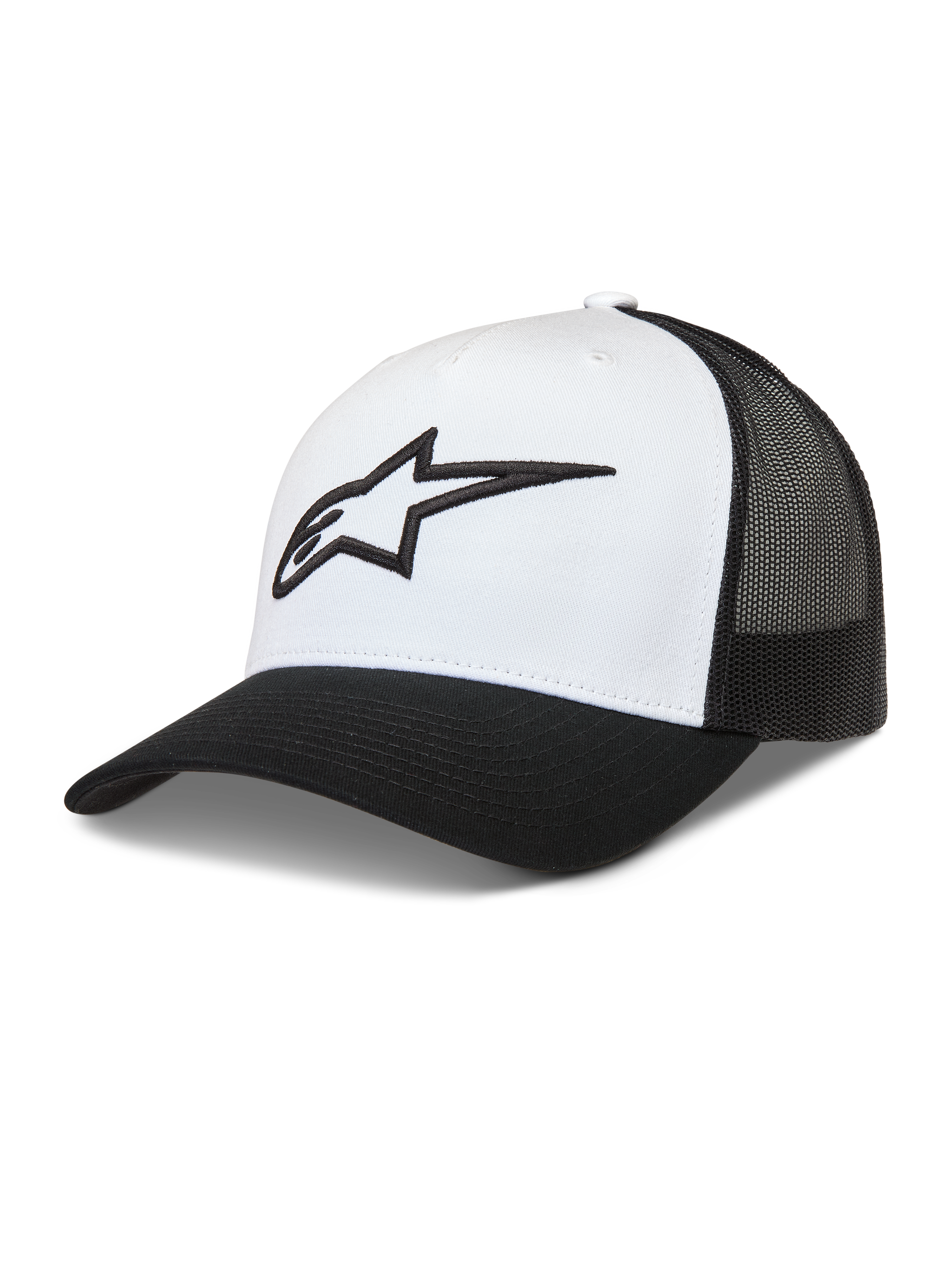 Alpinestars Ageless Snapback Kappe im Trucker-Stil, Weiß und Schwarz, mit Mesh-Rückseite und 3D-Astars-Logo.