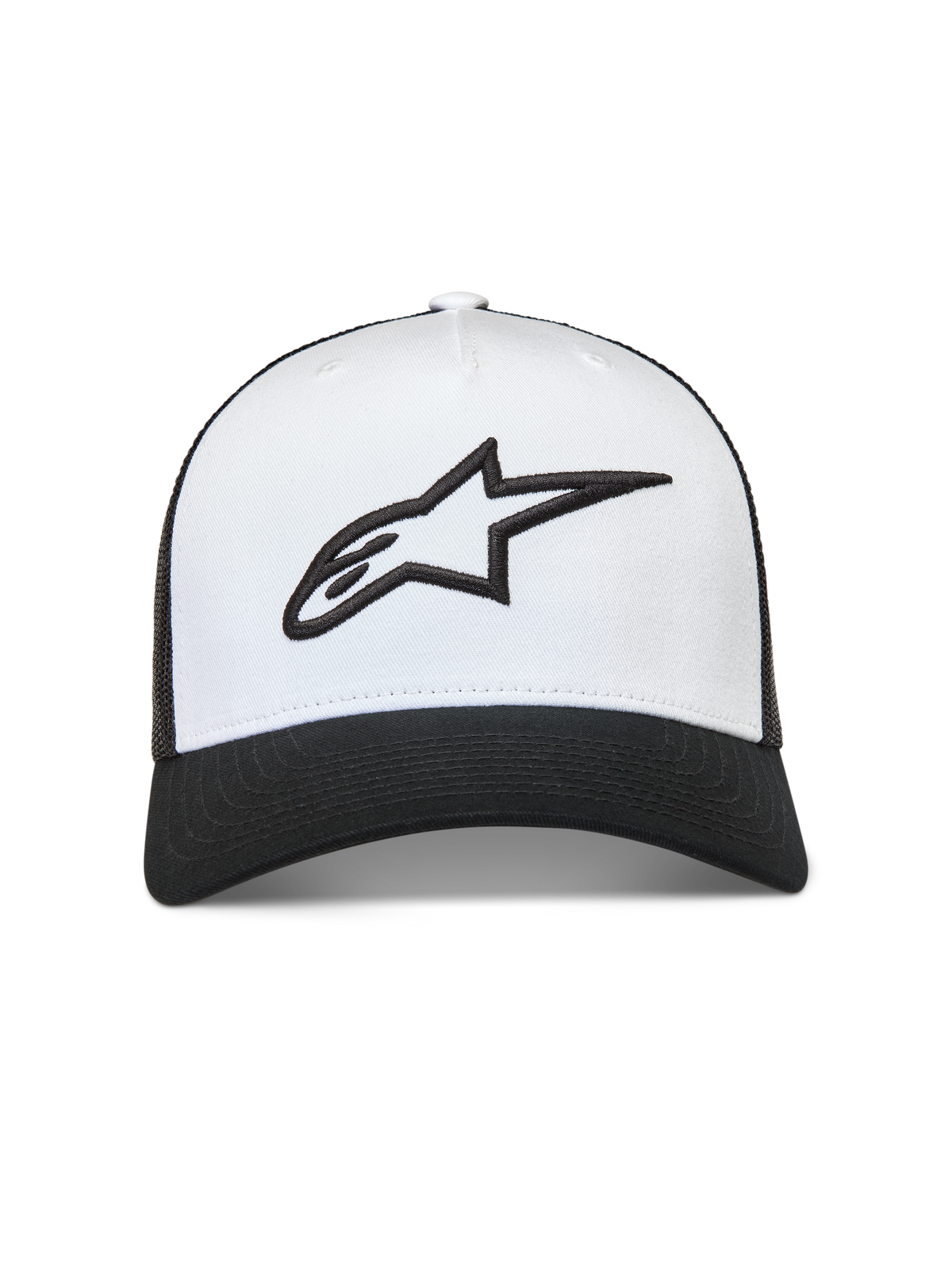 Alpinestars Ageless Snapback Kappe, Sportswear Trucker-Kappe, Weiß und Schwarz, 3D-besticktes Logo, gebogener Schirm.