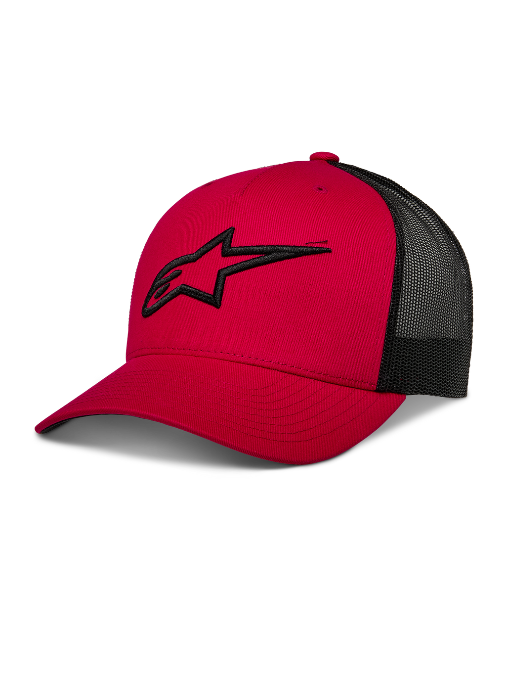 Alpinestars Ageless Trucker Hat, rot-schwarze Baseball-Kappe mit Mesh-Rückseite, gebogener Schirm, 3D-gesticktes schwarzes Astars-Logo, strukturierte Krone, lässige Motorsport-Freizeitkleidung