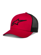 Alpinestars Ageless Trucker Hat, rot-schwarze Baseball-Kappe mit Mesh-Rückseite, gebogener Schirm, 3D-gesticktes schwarzes Astars-Logo, strukturierte Krone, lässige Motorsport-Freizeitkleidung