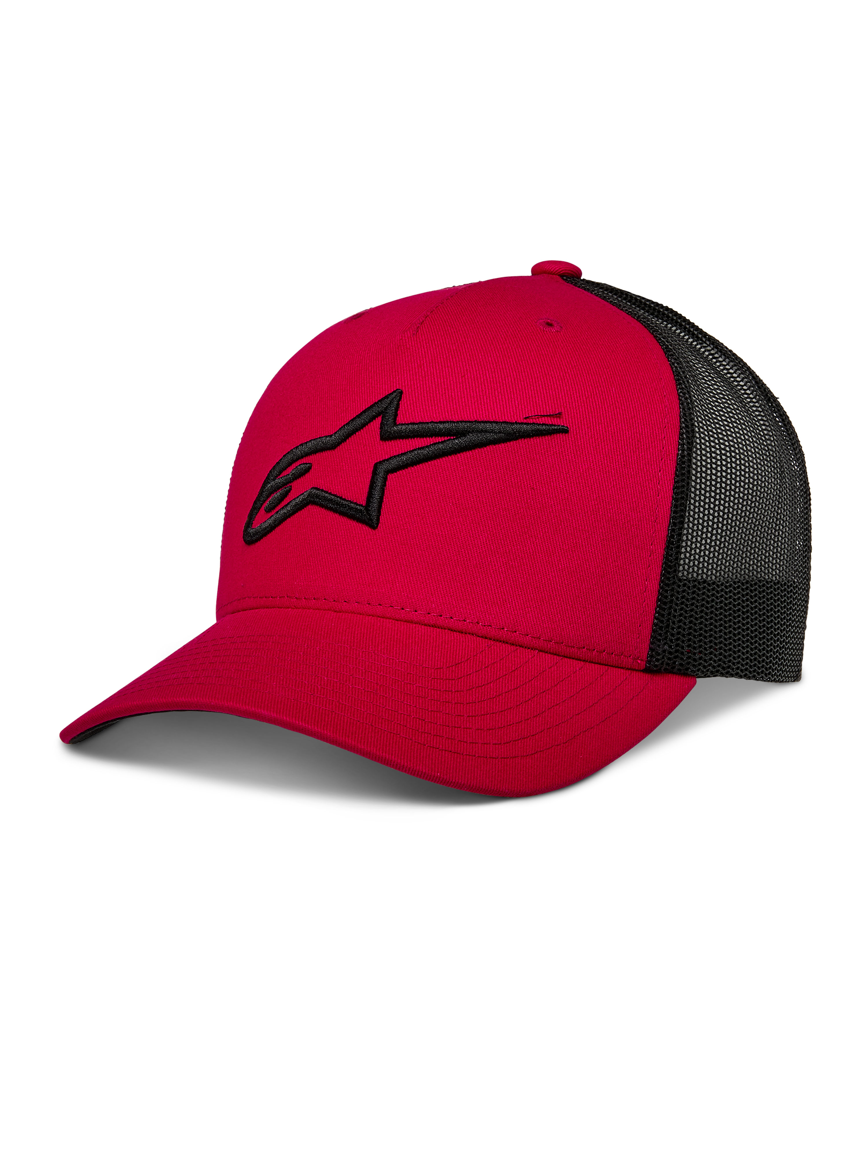 Alpinestars Ageless Trucker Hat, rot-schwarze Baseball-Kappe mit Mesh-Rückseite, gebogener Schirm, 3D-gesticktes schwarzes Astars-Logo, strukturierte Krone, lässige Motorsport-Freizeitkleidung