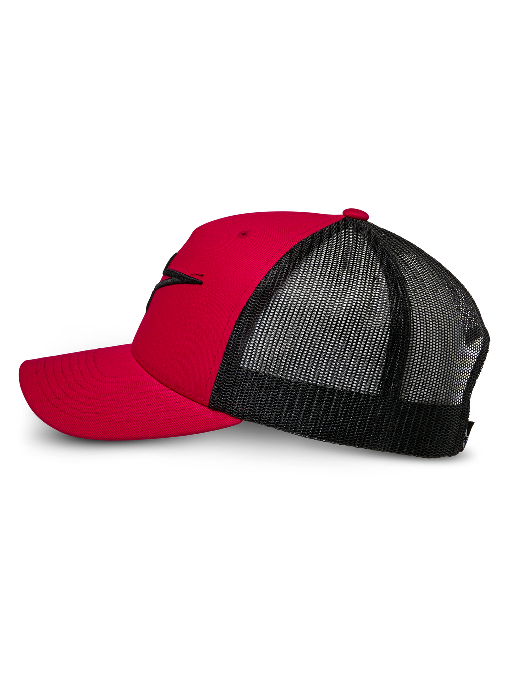 Alpinestars Ageless Trucker-Mütze, Rot und Schwarz, Seitenansicht mit gebogenem Schirm und strukturierter Vorderseite mit schwarzem 3D-gesticktem Astars-Logo, schwarze Mesh-Rückseite für Atmungsaktivität, klassisches, vom Motorsport inspiriertes Design