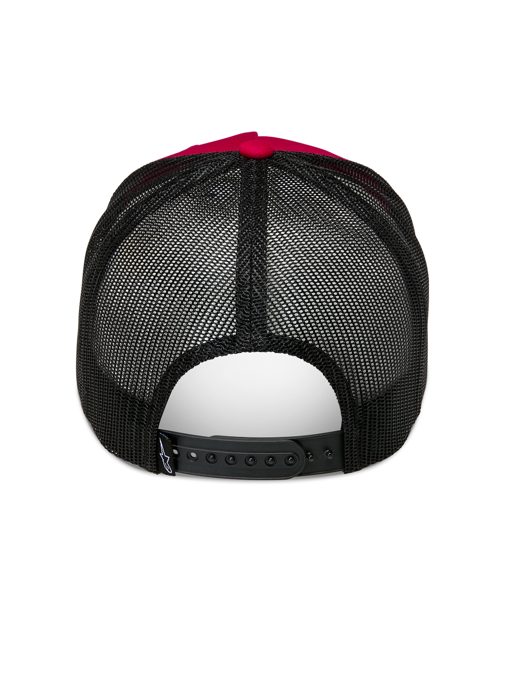 Alpinestars Ageless Trucker-Mütze, Rot und Schwarz, Rückansicht mit schwarzem Poly-Mesh-Rücken und verstellbarem Snapback-Verschluss, roter Knopf oben und Kronendetail, lässige Motorsport-Kopfbedeckung