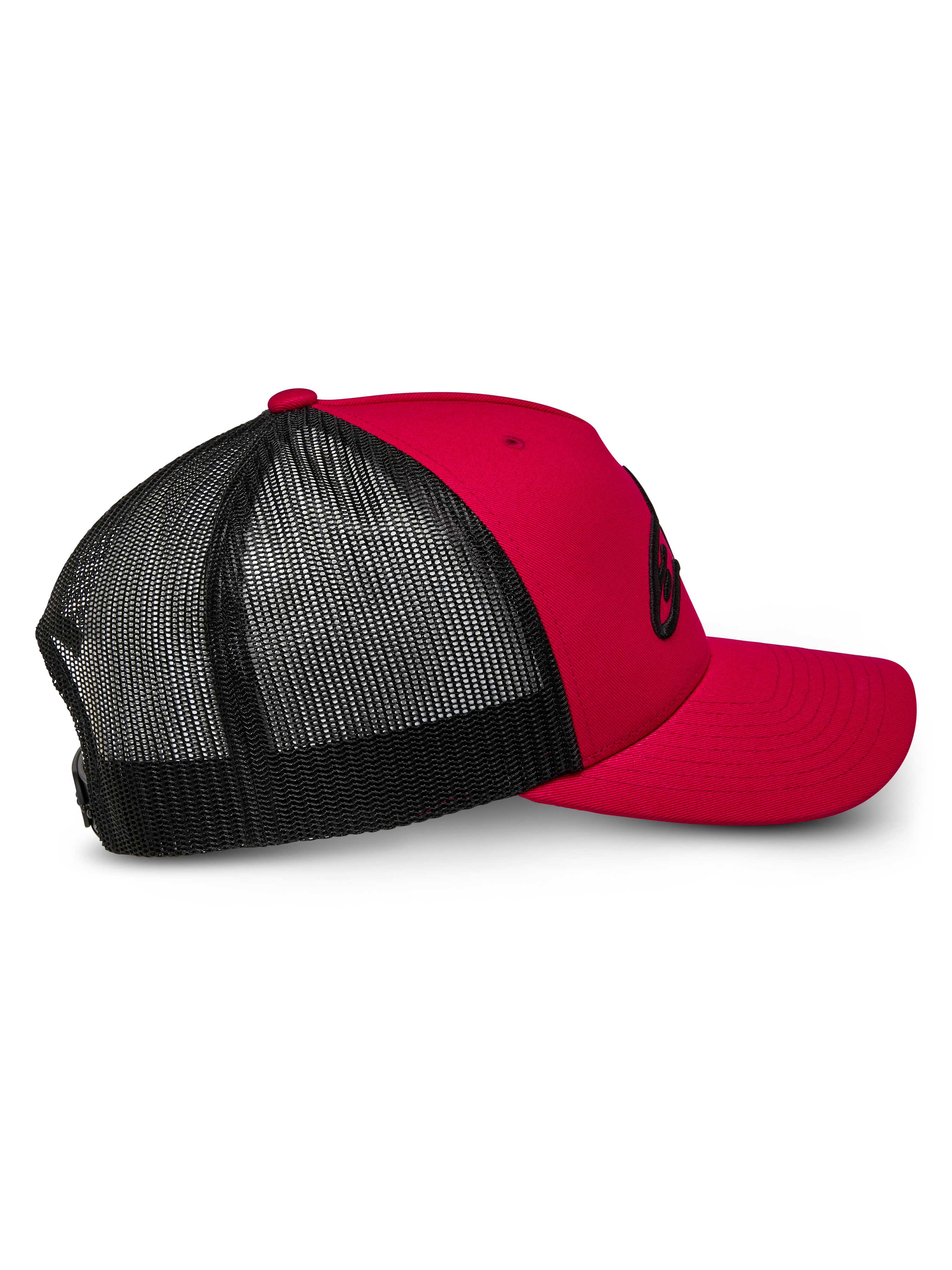 Alpinestars Ageless Trucker-Mütze, Rot und Schwarz, Seitenansicht mit roter strukturierter Front und gebogenem Schirm, schwarze atmungsaktive Mesh-Einsätze auf der Rückseite, lässige vom Motorsport inspirierte Kopfbedeckung