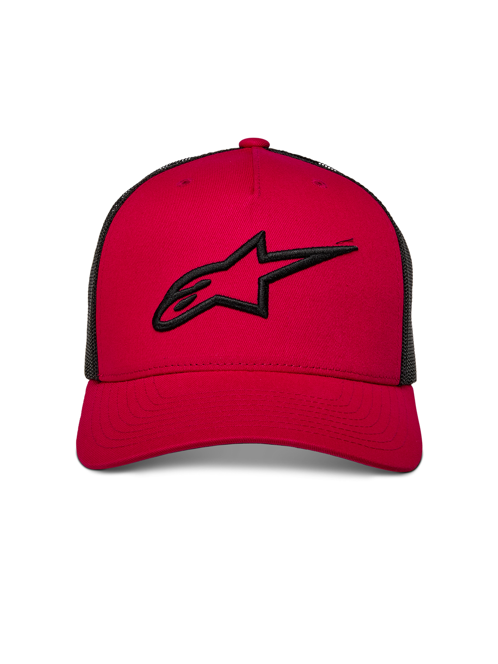 Alpinestars Ageless Trucker-Mütze, Rot mit schwarzem Mesh-Rücken, schwarzes 3D-gesticktes Astars-Logo auf der Vorderseite, gebogener Schirm, lässige, vom Motorsport inspirierte Kopfbedeckung