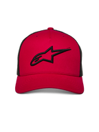 Alpinestars Ageless Trucker-Mütze, Rot mit schwarzem Mesh-Rücken, schwarzes 3D-gesticktes Astars-Logo auf der Vorderseite, gebogener Schirm, lässige, vom Motorsport inspirierte Kopfbedeckung