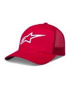Alpinestars Ageless Snapback Hat, Red and White Sportswear Trucker Cap, features 3D embroidered logo and curved bill.