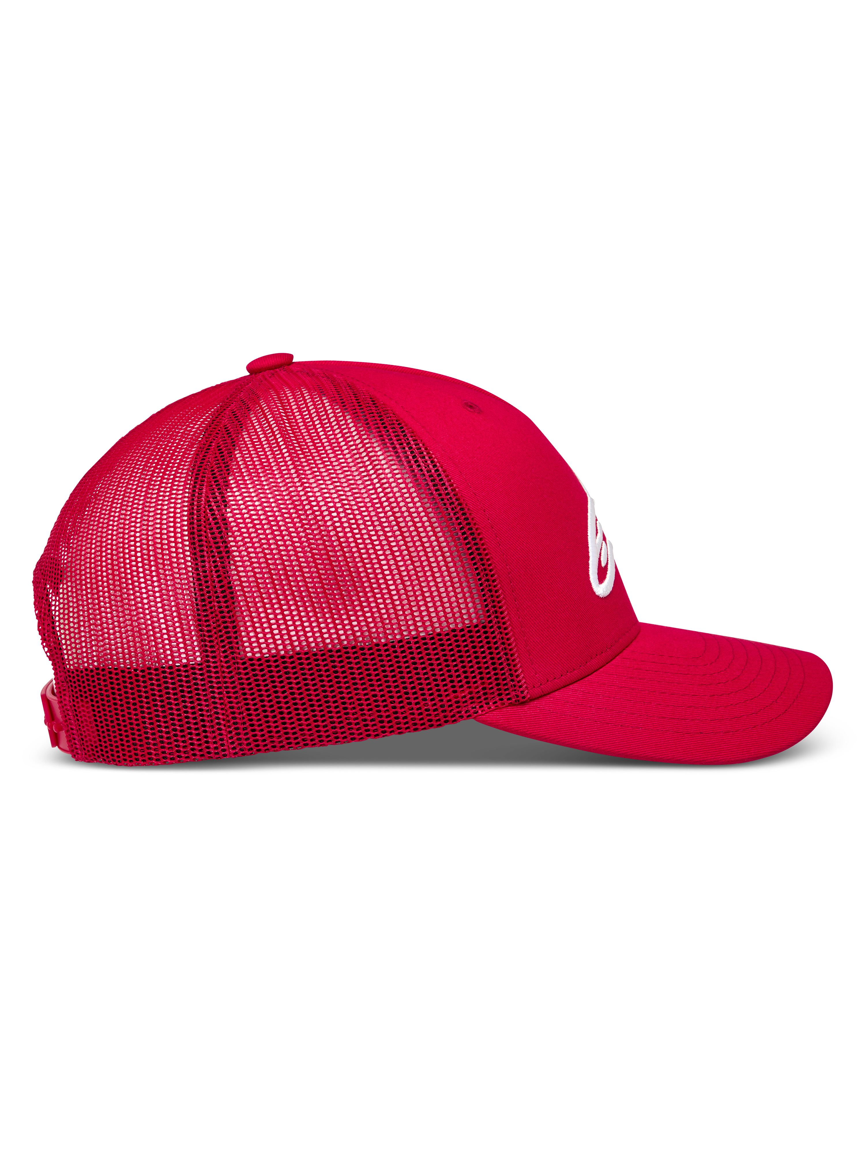 Alpinestars Ageless Snapback Hat in red, featuring a breathable mesh back, curved bill, and white logo.