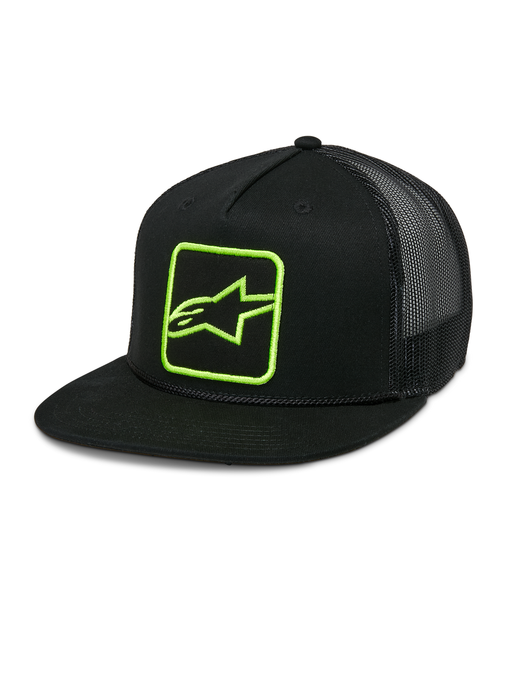 Alpinestars Control Trucker-Mütze, Schwarz mit neongrünem Logo, Mesh-Rückseite Snapback-Kappe, flacher Schirm mit geflochtener Kordel, strukturierte Front mit besticktem Astars-Logo, lässiger Motorsport-Stil