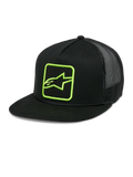 Alpinestars Control Trucker-Mütze, Schwarz mit neongrünem Logo, Mesh-Rückseite Snapback-Kappe, flacher Schirm mit geflochtener Kordel, strukturierte Front mit besticktem Astars-Logo, lässiger Motorsport-Stil