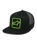 Alpinestars Control Trucker-Mütze, Schwarz mit neongrünem Logo, Mesh-Rückseite Snapback-Kappe, flacher Schirm mit geflochtener Kordel, strukturierte Front mit besticktem Astars-Logo, lässiger Motorsport-Stil