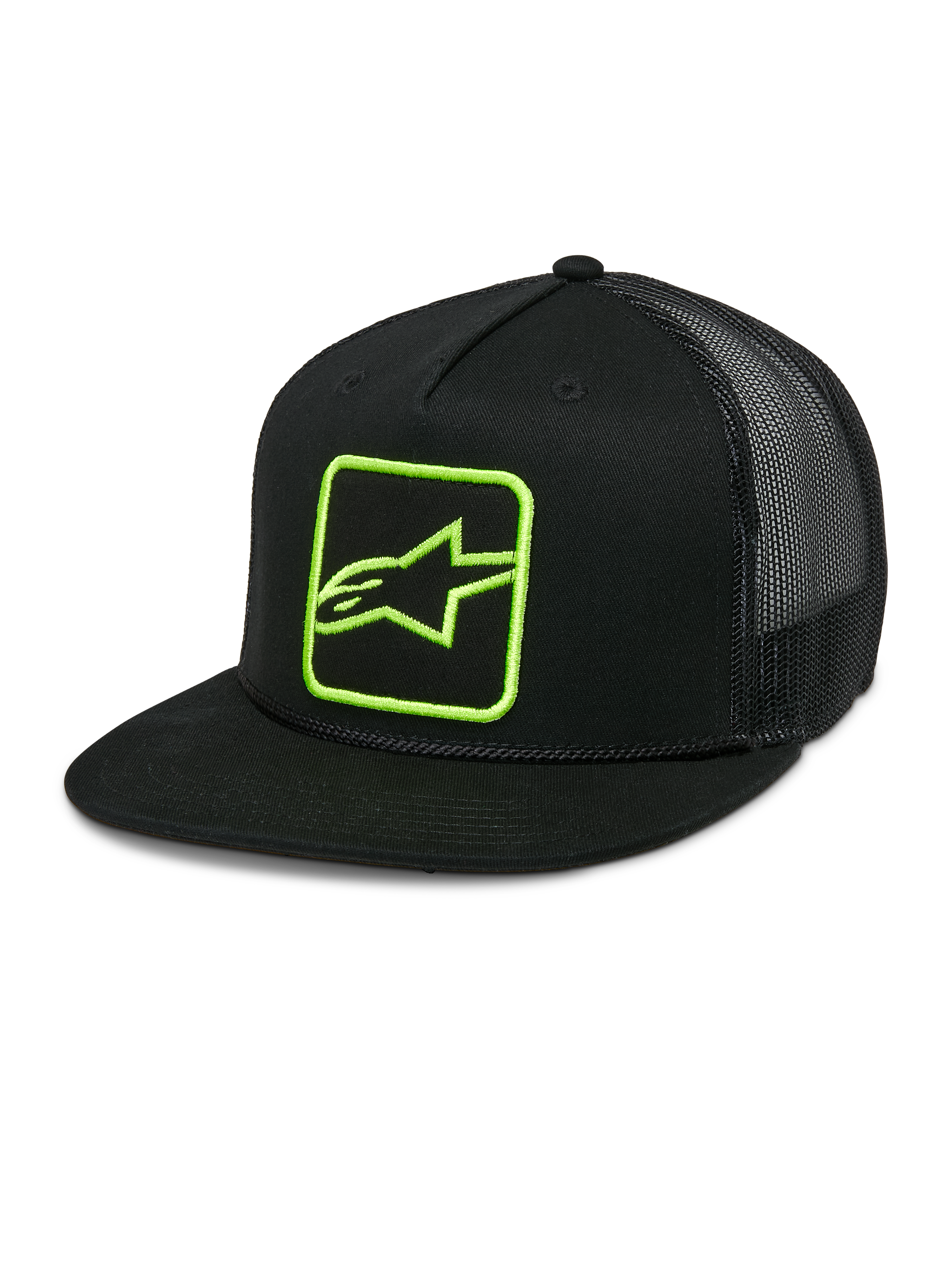 Alpinestars Control Trucker-Mütze, Schwarz mit neongrünem Logo, Mesh-Rückseite Snapback-Kappe, flacher Schirm mit geflochtener Kordel, strukturierte Front mit besticktem Astars-Logo, lässiger Motorsport-Stil
