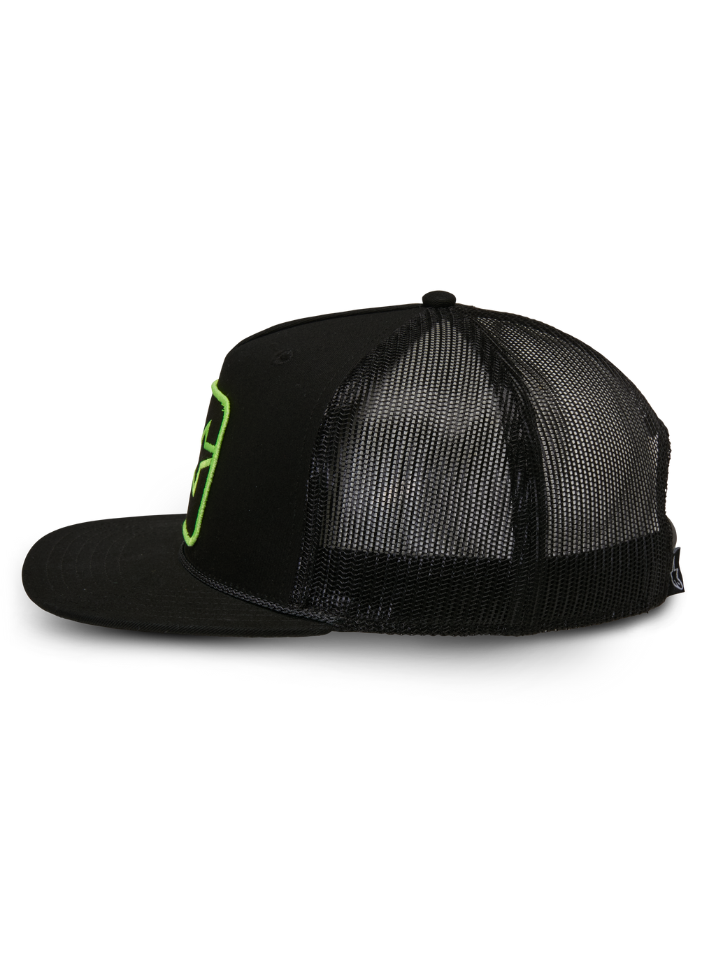 Alpinestars Control Trucker-Mütze, Trucker Cap, Schwarz, Seitenansicht mit Poly-Mesh-Rückseite und Twill-Front, flacher Schirm mit geflochtener Kordel, grün bestickter Logo-Patch, lässige, vom Motorsport inspirierte Streetwear