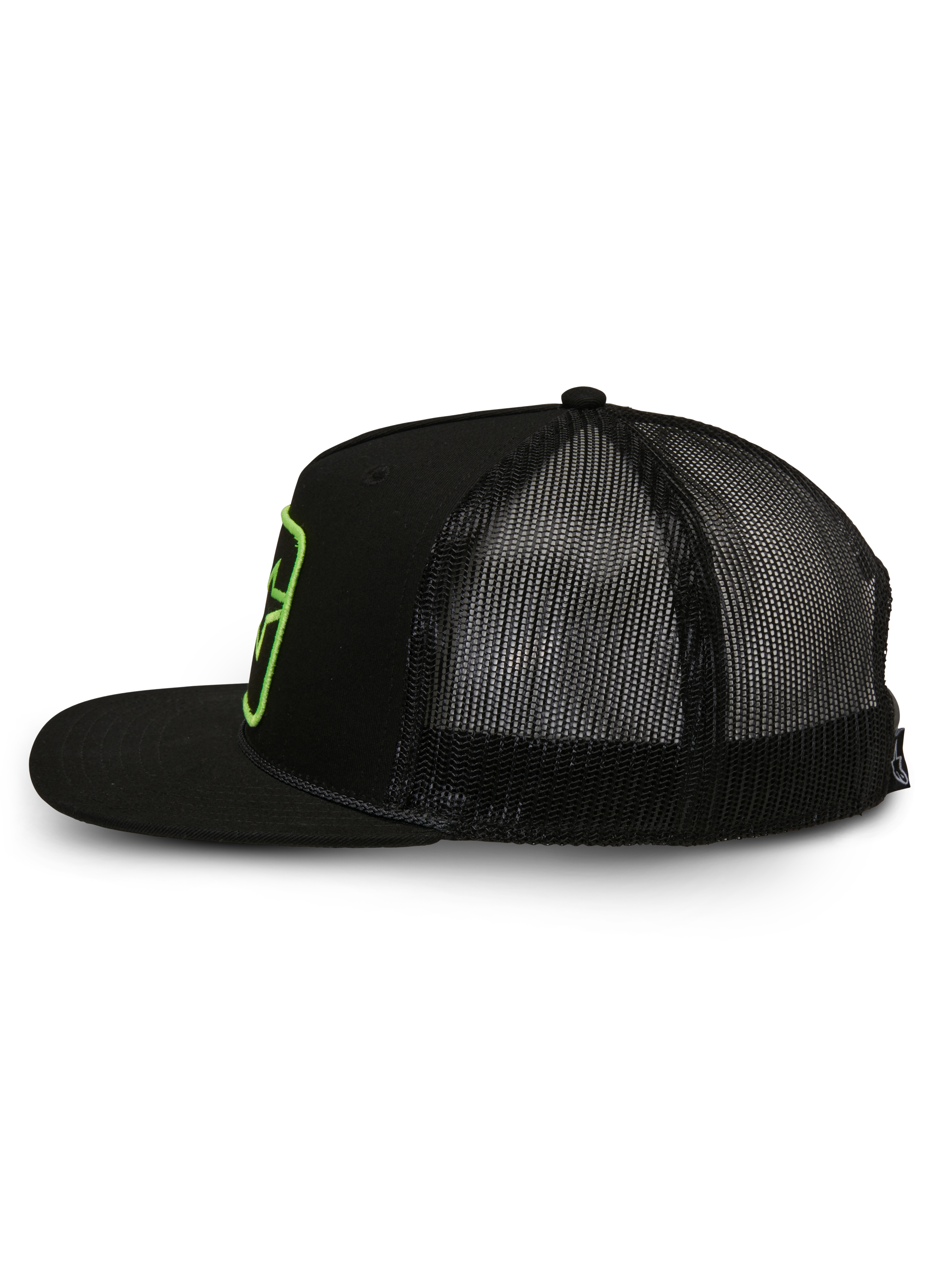 Alpinestars Control Trucker-Mütze, Trucker Cap, Schwarz, Seitenansicht mit Poly-Mesh-Rückseite und Twill-Front, flacher Schirm mit geflochtener Kordel, grün bestickter Logo-Patch, lässige, vom Motorsport inspirierte Streetwear