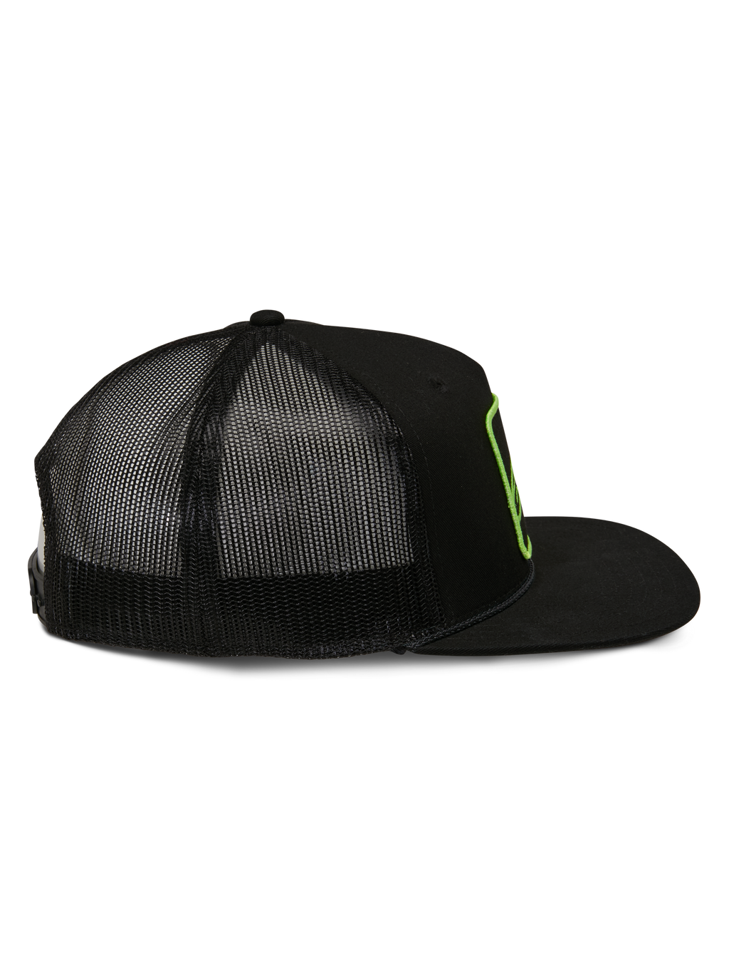 Alpinestars Control Trucker-Mütze, Trucker-Cap, Schwarz, Seitenansicht mit Mesh-Rückseite und flachem Schirm, limettengrüne gestickte Logo-Kontur, Casual Motorsport Streetwear