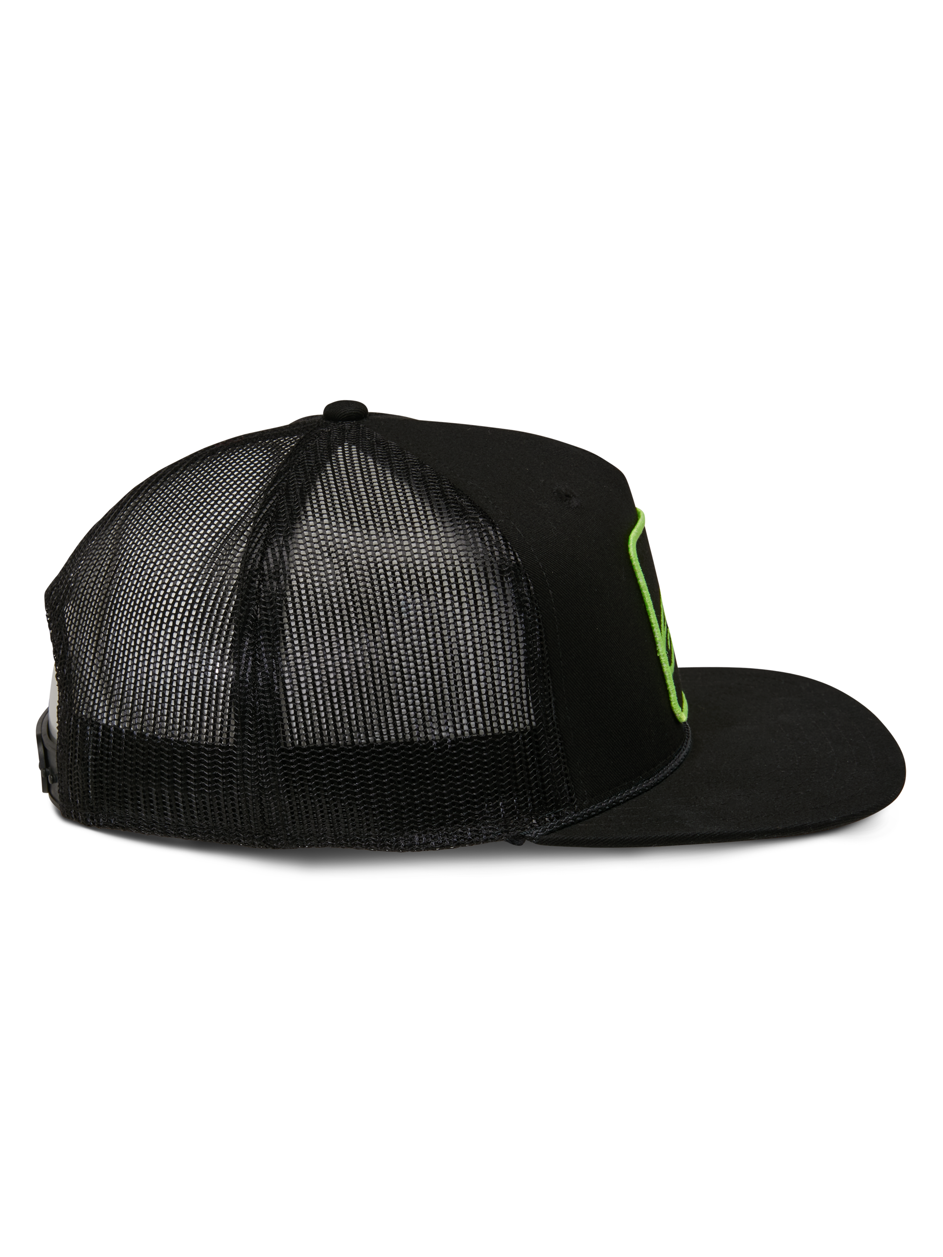 Alpinestars Control Trucker-Mütze, Trucker-Cap, Schwarz, Seitenansicht mit Mesh-Rückseite und flachem Schirm, limettengrüne gestickte Logo-Kontur, Casual Motorsport Streetwear
