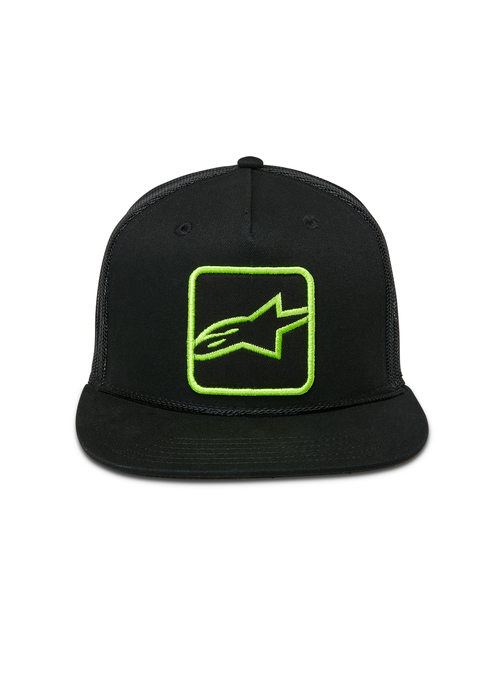 Alpinestars Control Trucker-Mütze, Schwarz mit neongrünem besticktem Logo, flacher Schirm mit geflochtener Kordel, Mesh-Rückseite, Snapback-Verschluss, lässige Motorsport-Streetwear
