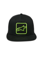 Alpinestars Control Trucker-Mütze, Schwarz mit neongrünem besticktem Logo, flacher Schirm mit geflochtener Kordel, Mesh-Rückseite, Snapback-Verschluss, lässige Motorsport-Streetwear