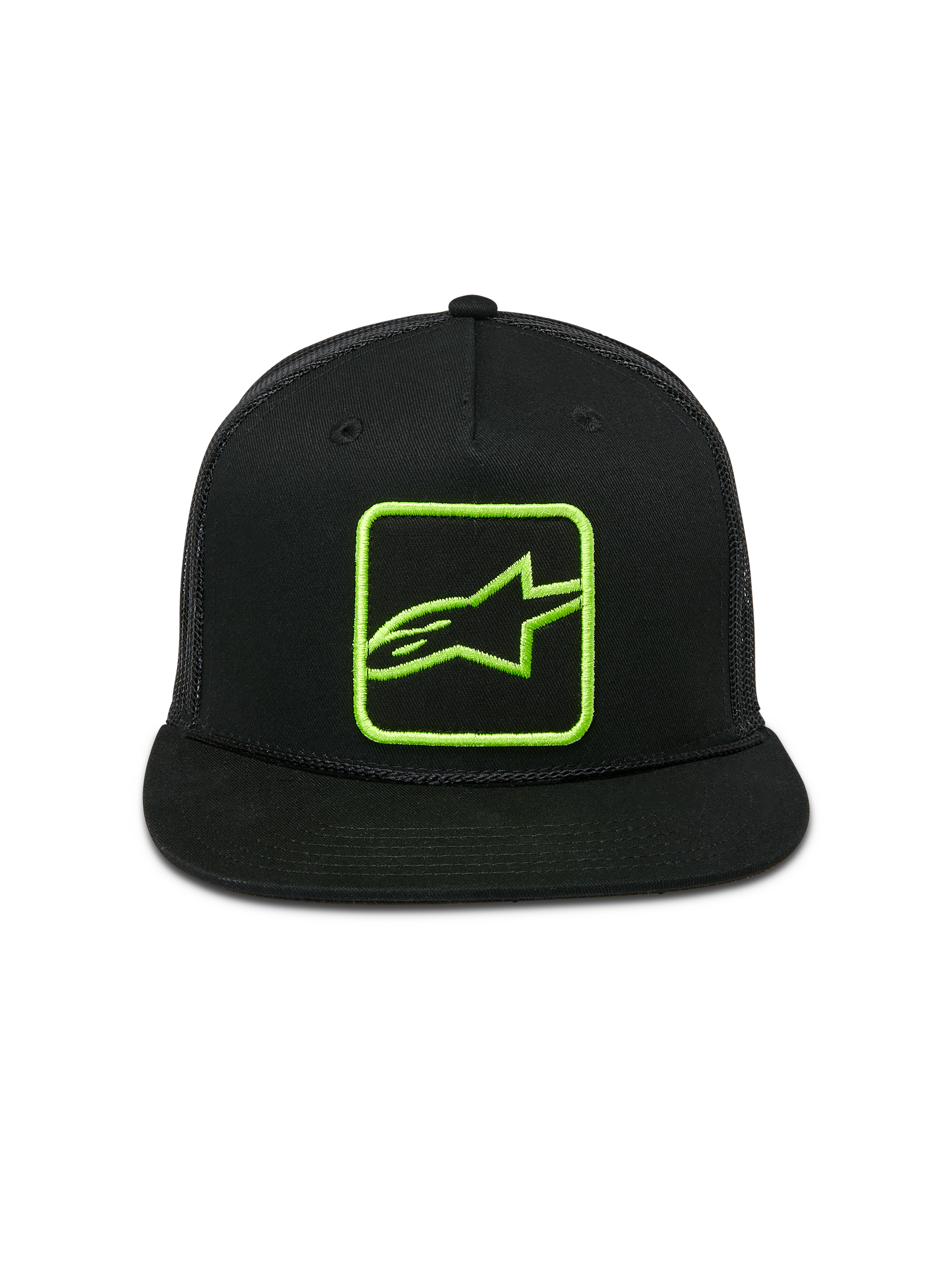 Alpinestars Control Trucker-Mütze, Schwarz mit neongrünem besticktem Logo, flacher Schirm mit geflochtener Kordel, Mesh-Rückseite, Snapback-Verschluss, lässige Motorsport-Streetwear