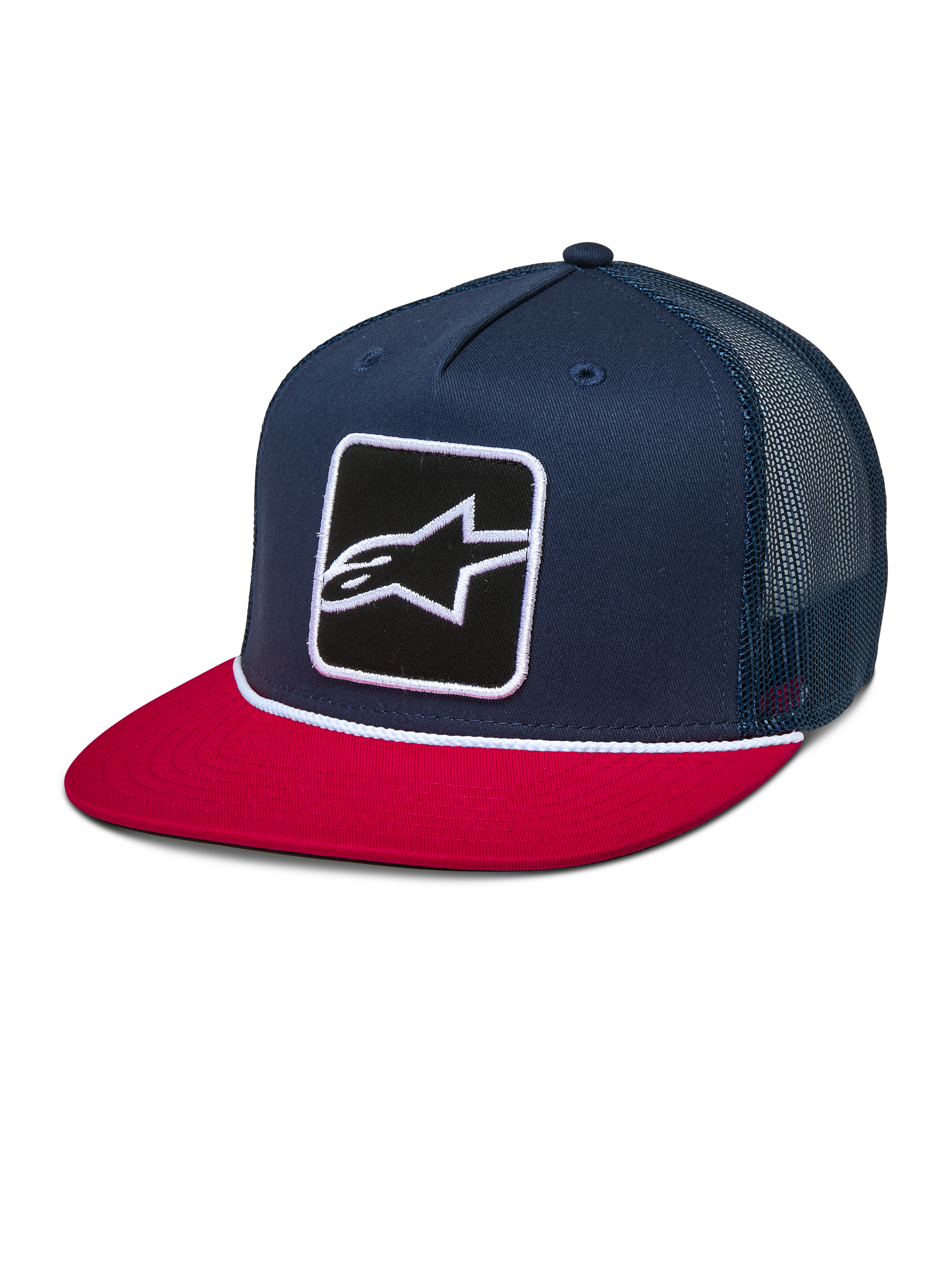 Alpinestars Control Trucker Hat, Navy Blue and Red, flat bill snapback cap with navy mesh back, featuring a front Astars logo embroidered patch and white braided rope detail, casual motorsport-inspired headwear