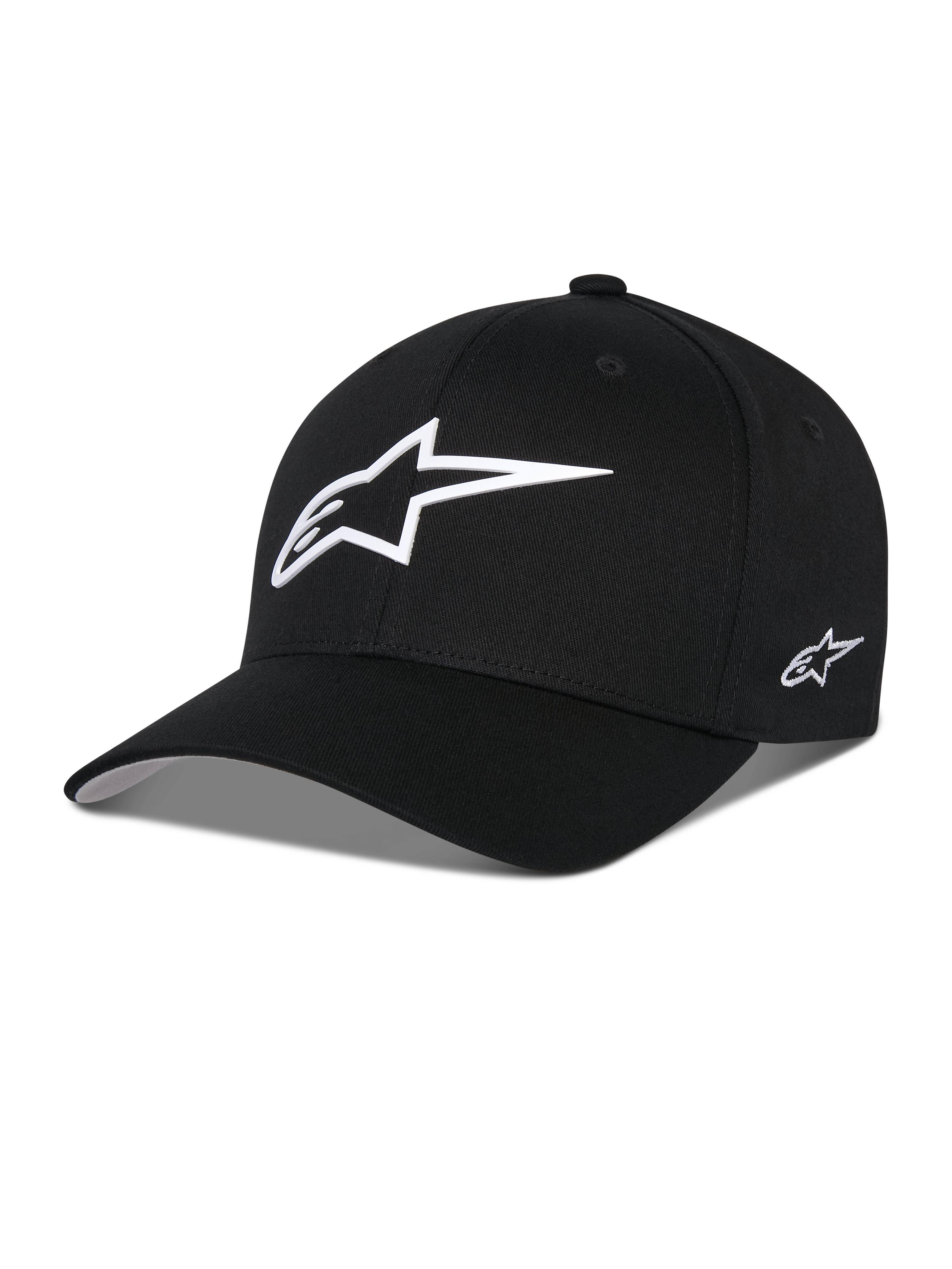 Alpinestars Ageless Multi Hat, schwarze Baseball-Kappe, mit großem weißem 3D-Stern-Logo auf der Vorderseite und einem kleinen gestickten Logo an der Seite, gebogener Schirm, strukturierte Krone, lässige, vom Motorsport inspirierte Kopfbedeckung